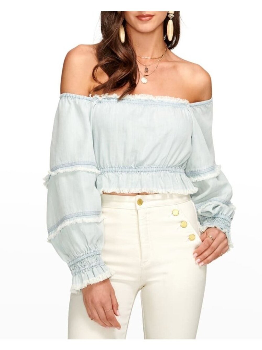 Ramy Brook Charli Off-Shoulder Chambray Crop Top XS
